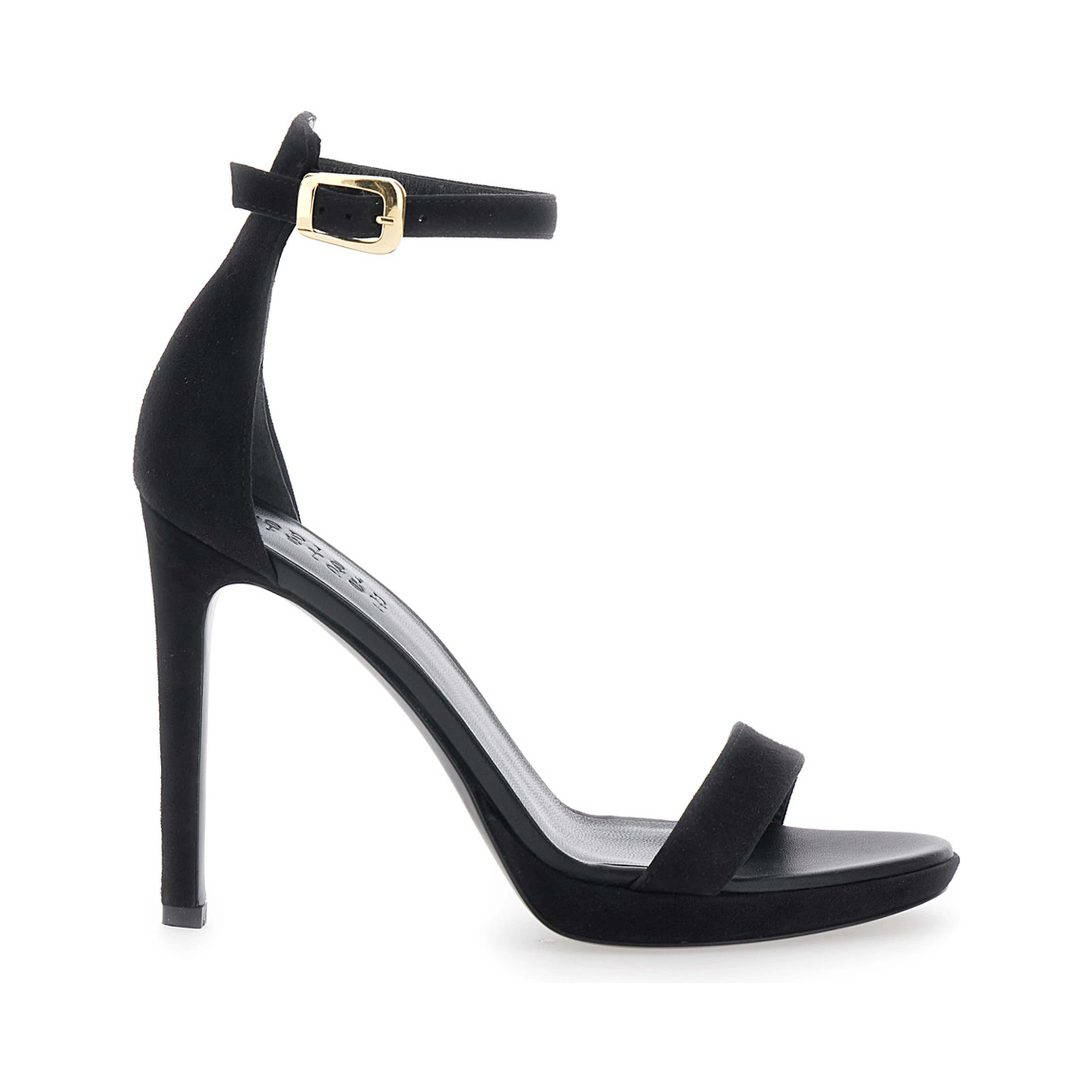 Heeled sandals featuring a platform and high heel in black fabric for women