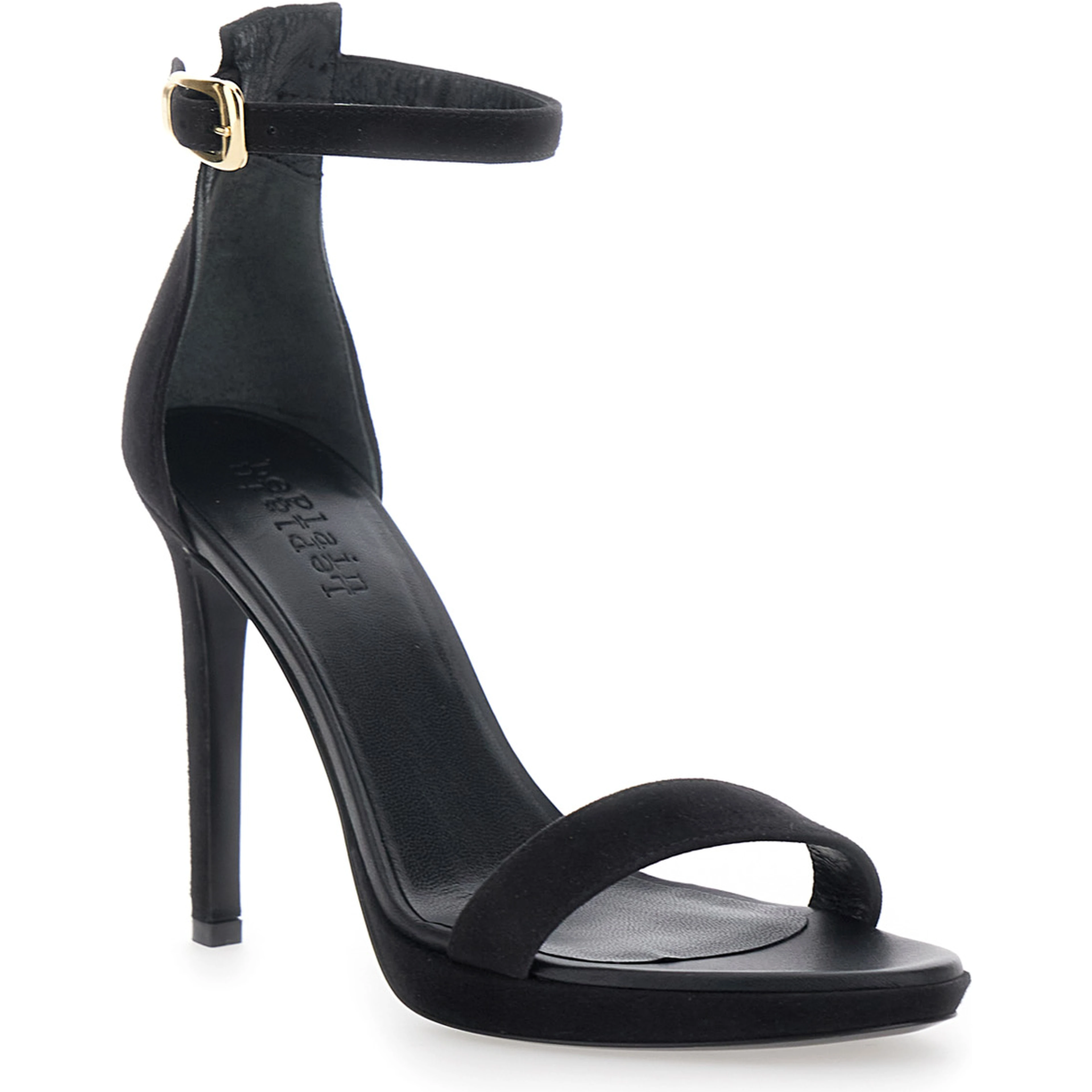 Heeled sandals featuring a platform and high heel in black fabric for women