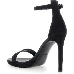 Heeled sandals featuring a platform and high heel in black fabric for women