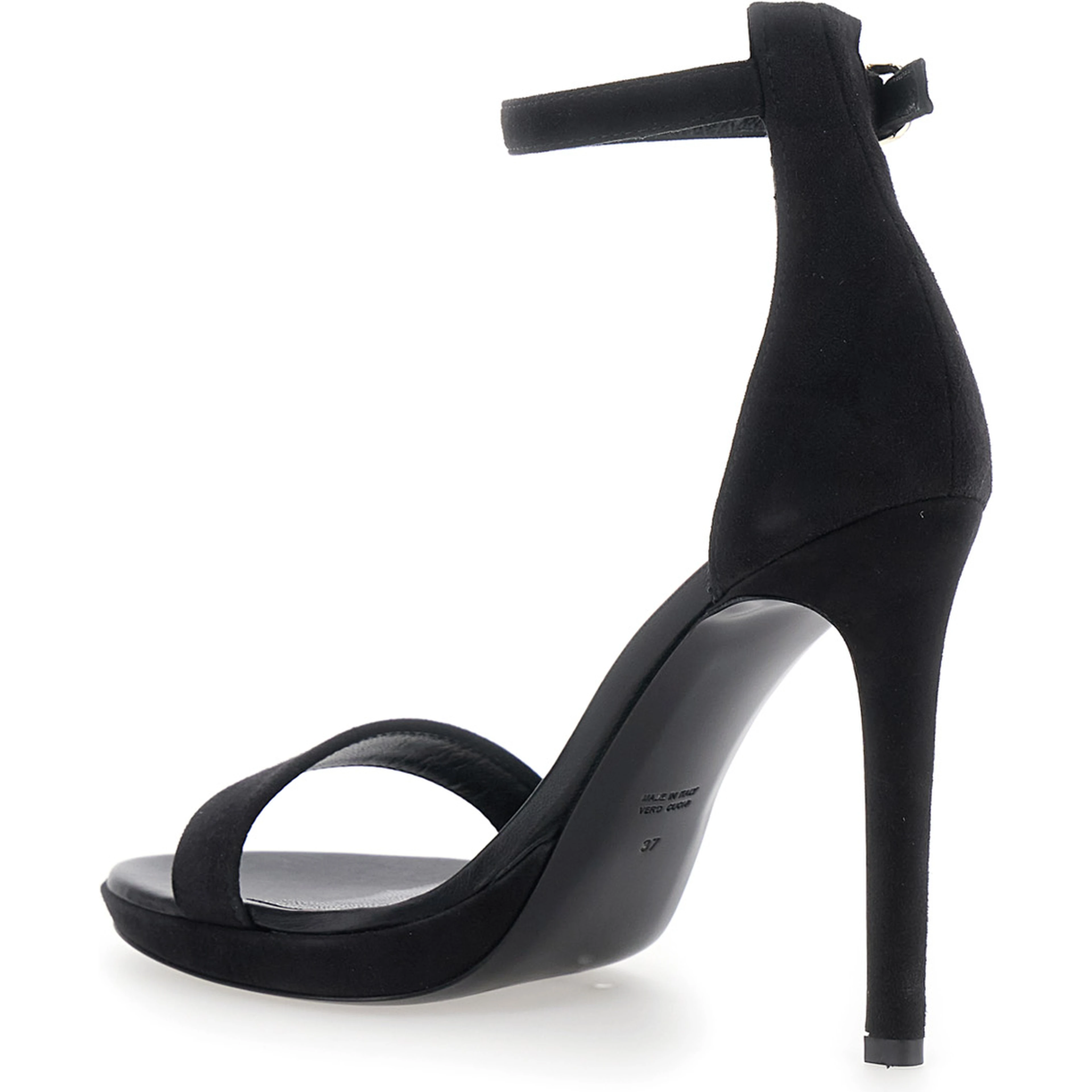 Heeled sandals featuring a platform and high heel in black fabric for women