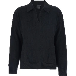 Polo Shirt neck knit 12gg with high collar and long sleeves in black cashmere for women