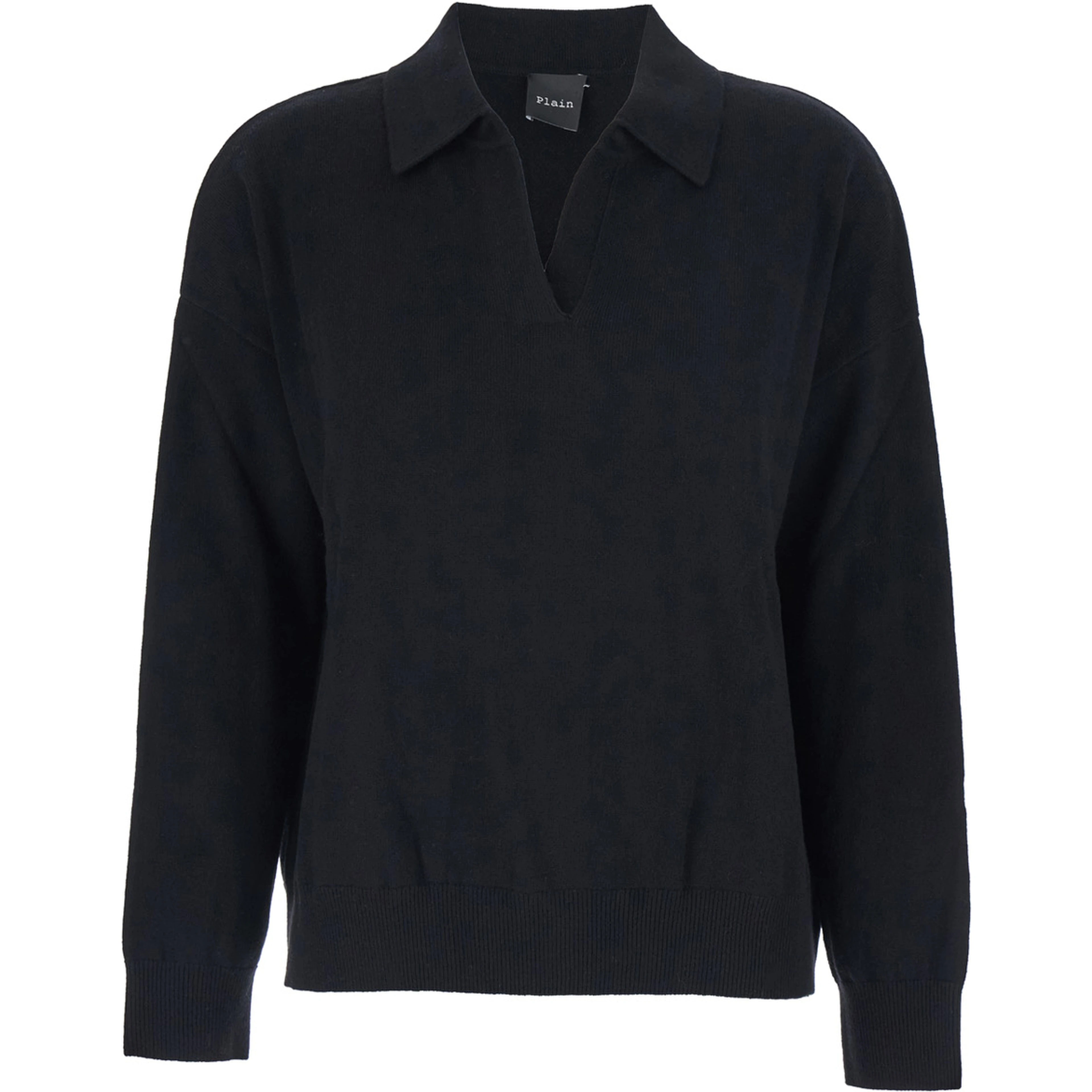 Polo Shirt neck knit 12gg with high collar and long sleeves in black cashmere for women