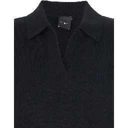 Polo Shirt neck knit 12gg with high collar and long sleeves in black cashmere for women