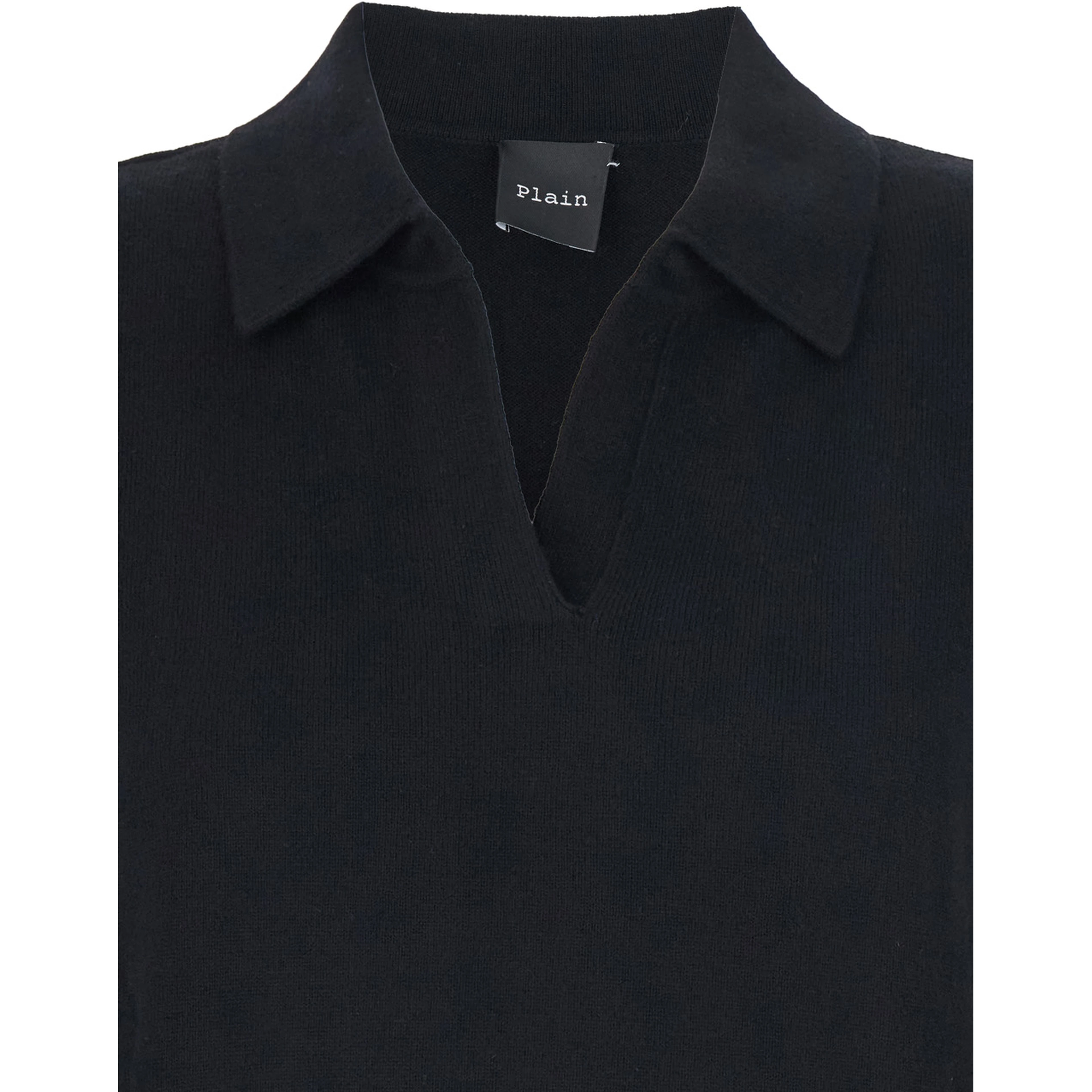 Polo Shirt neck knit 12gg with high collar and long sleeves in black cashmere for women