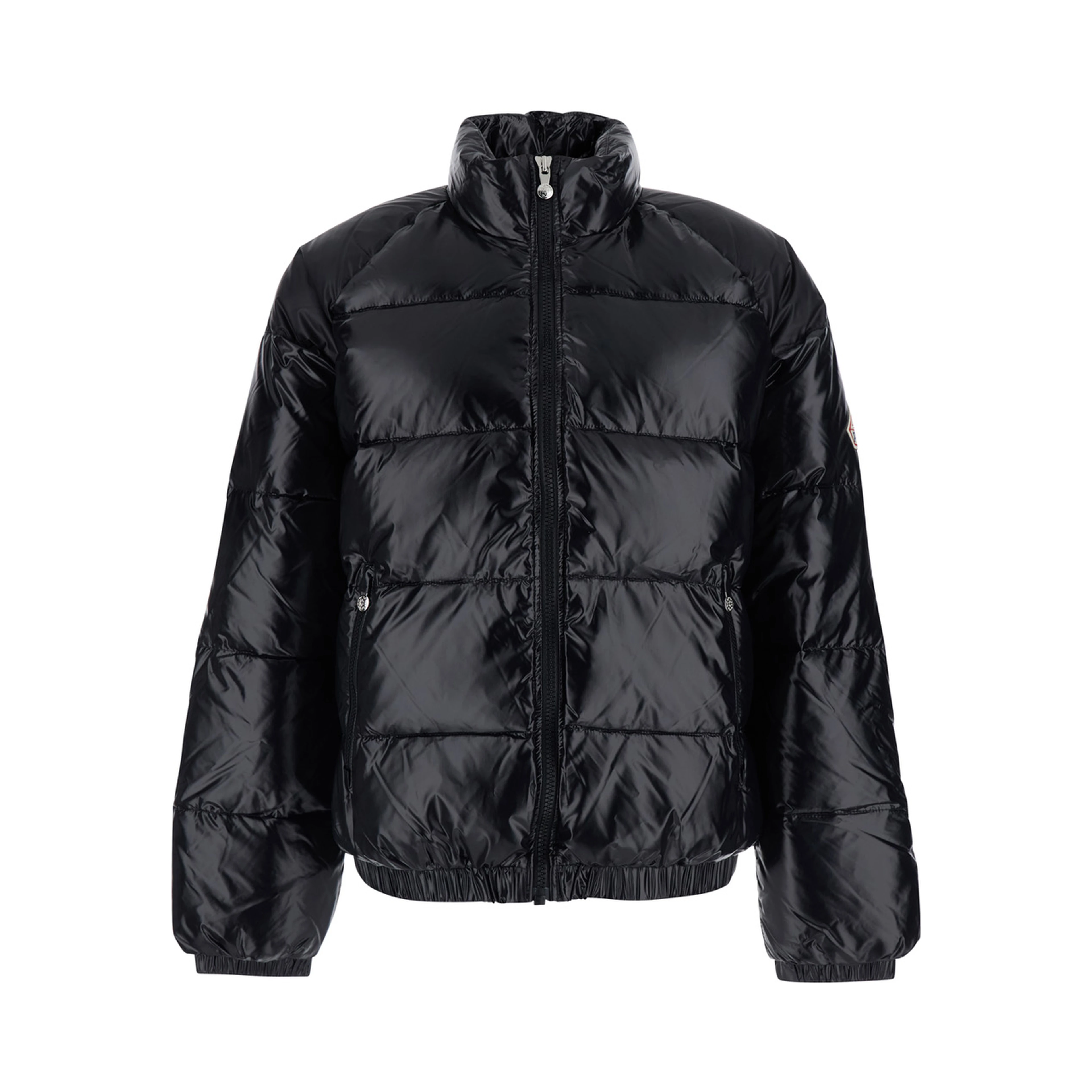 Black Down jacket with high neck and logo patch on the sleeve in Tech Fabric unisex