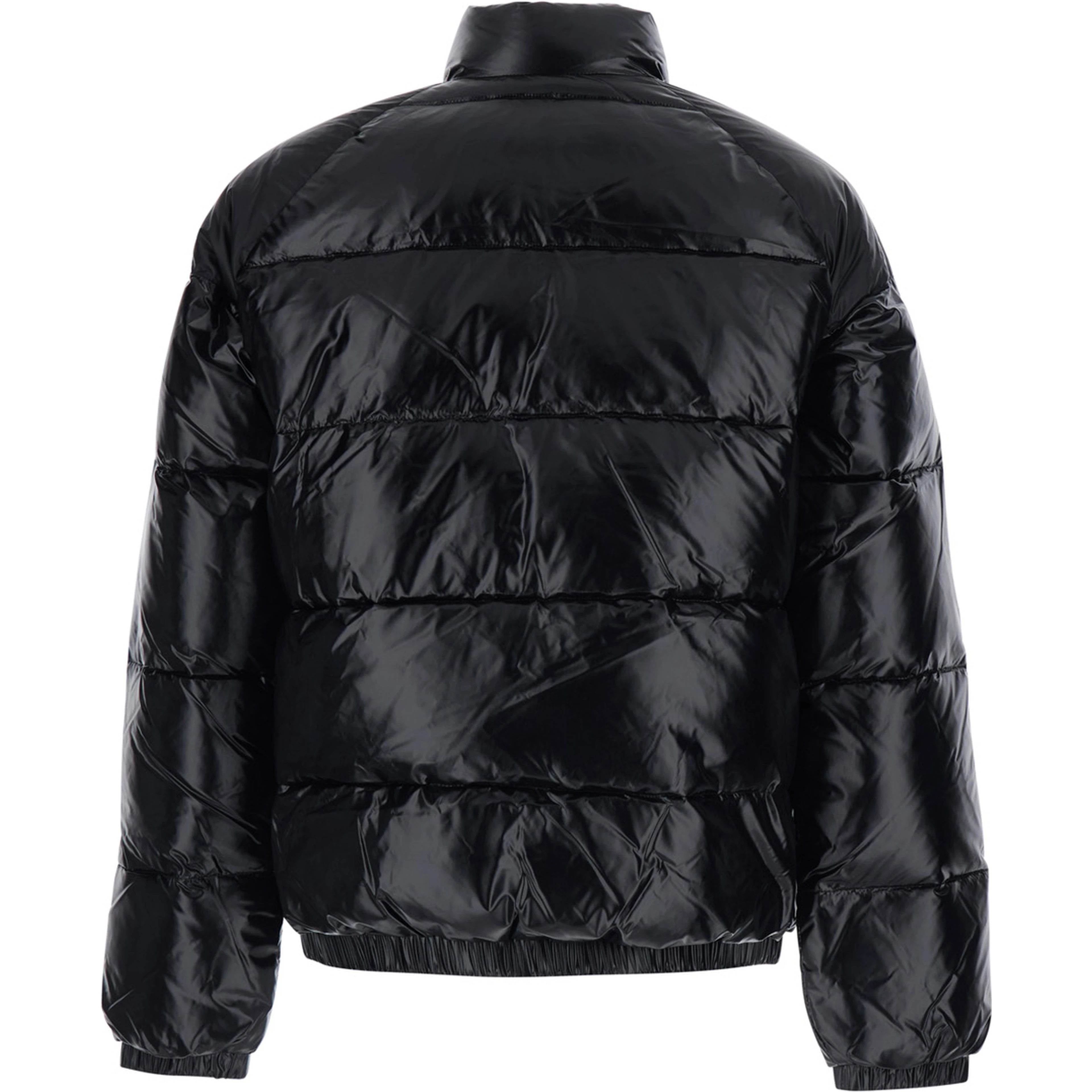 Black Down jacket with high neck and logo patch on the sleeve in Tech Fabric unisex