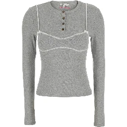 GREY LACE TRIM BRALETTE DETAIL LONG SLEEVE HENLEY TSHIRT with lace details, cotton and spandex, gray, women