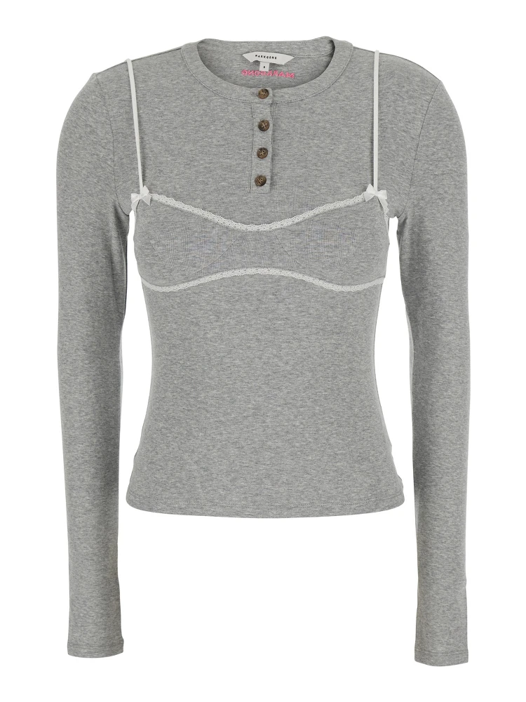 GREY LACE TRIM BRALETTE DETAIL LONG SLEEVE HENLEY TSHIRT with lace details, cotton and spandex, gray, women