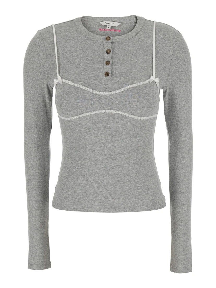 GREY LACE TRIM BRALETTE DETAIL LONG SLEEVE HENLEY TSHIRT with lace details, cotton and spandex, gray, women