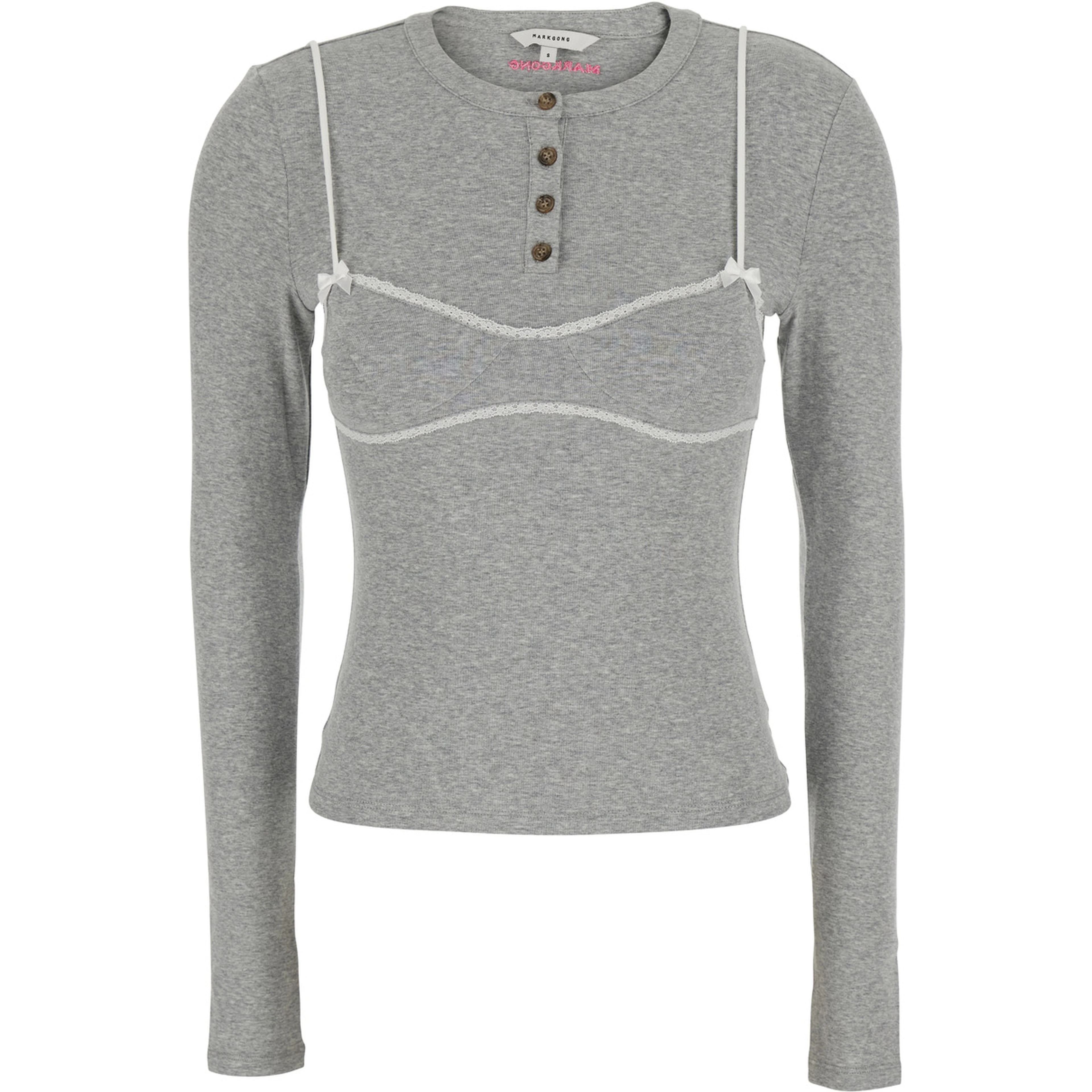GREY LACE TRIM BRALETTE DETAIL LONG SLEEVE HENLEY TSHIRT with lace details, cotton and spandex, gray, women