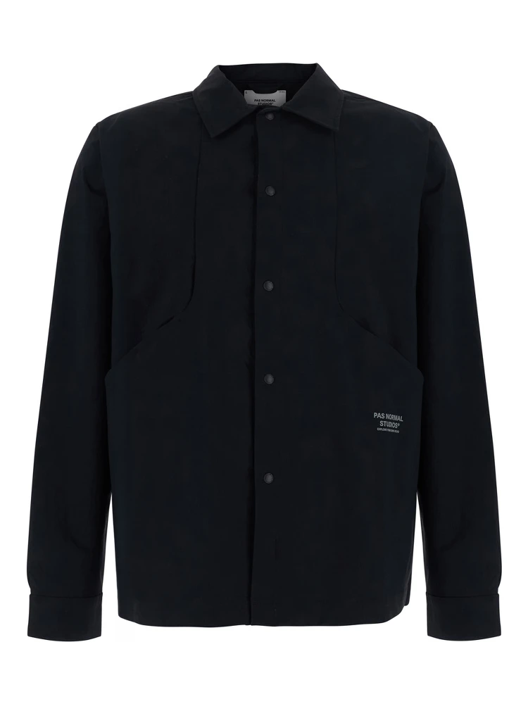Black  shirt with Classic Collar and Logo lettering on the front in stretch Tech Fabric for men