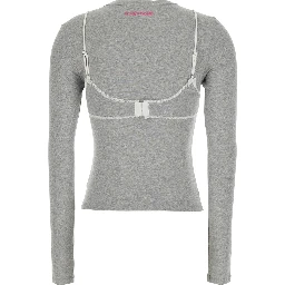 GREY LACE TRIM BRALETTE DETAIL LONG SLEEVE HENLEY TSHIRT with lace details, cotton and spandex, gray, women