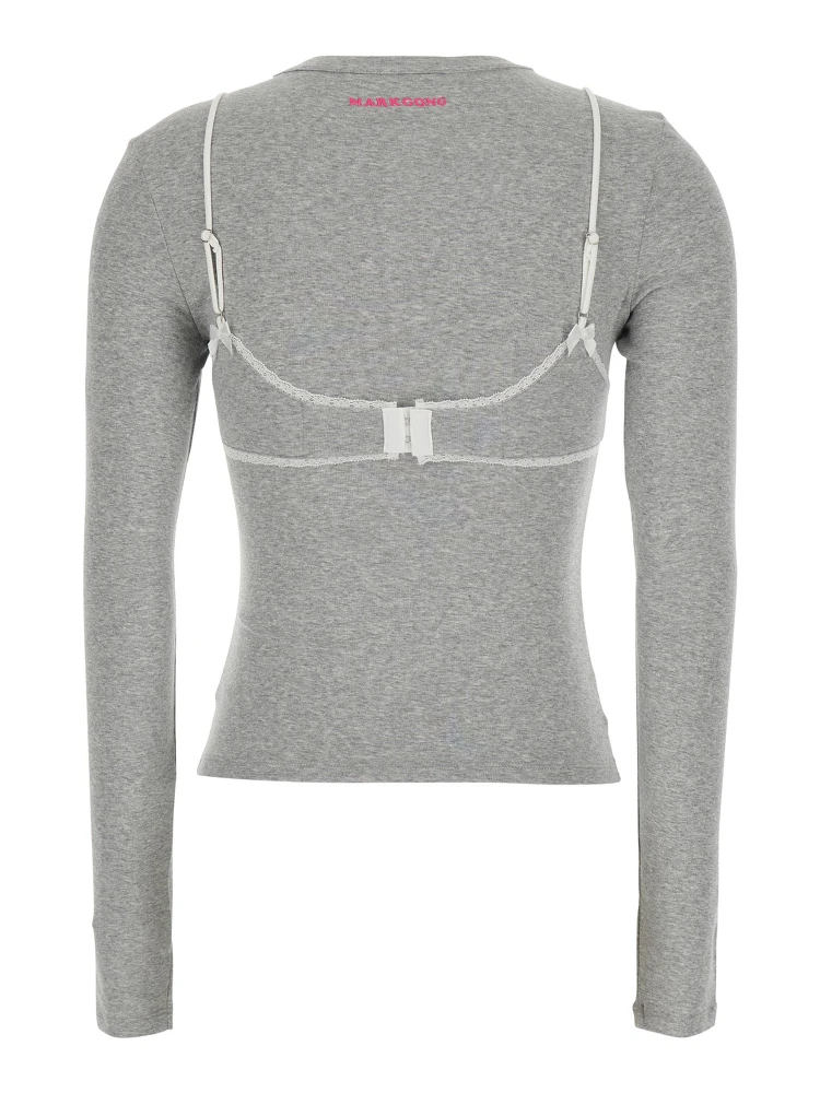 GREY LACE TRIM BRALETTE DETAIL LONG SLEEVE HENLEY TSHIRT with lace details, cotton and spandex, gray, women alternative