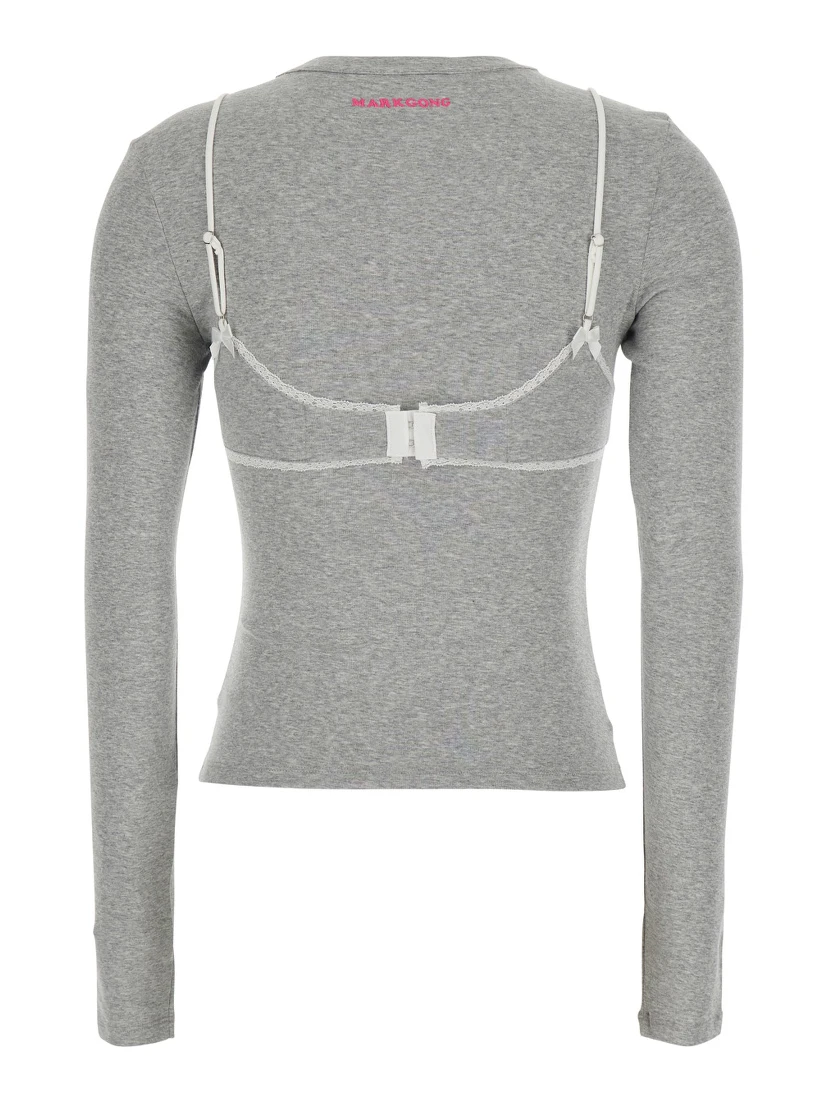 GREY LACE TRIM BRALETTE DETAIL LONG SLEEVE HENLEY TSHIRT with lace details, cotton and spandex, gray, women