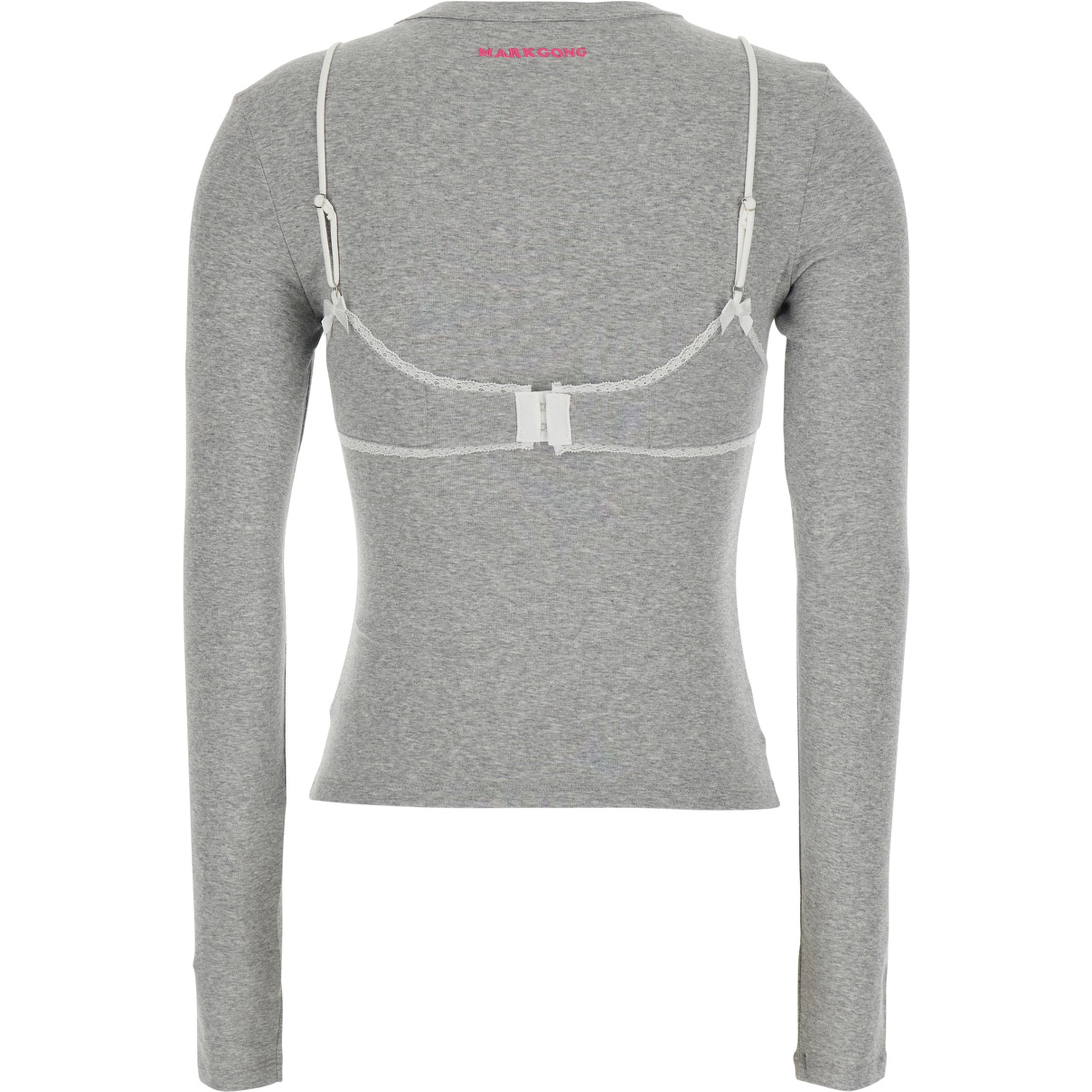 GREY LACE TRIM BRALETTE DETAIL LONG SLEEVE HENLEY TSHIRT with lace details, cotton and spandex, gray, women