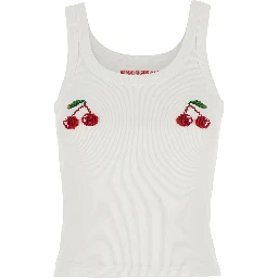 White Beaded Cotton and Spandex Tank Top for Women