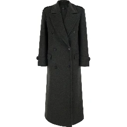 Green Long Oversized Coat with Notched Collar and Double-Breasted Closure in Fabric for Women