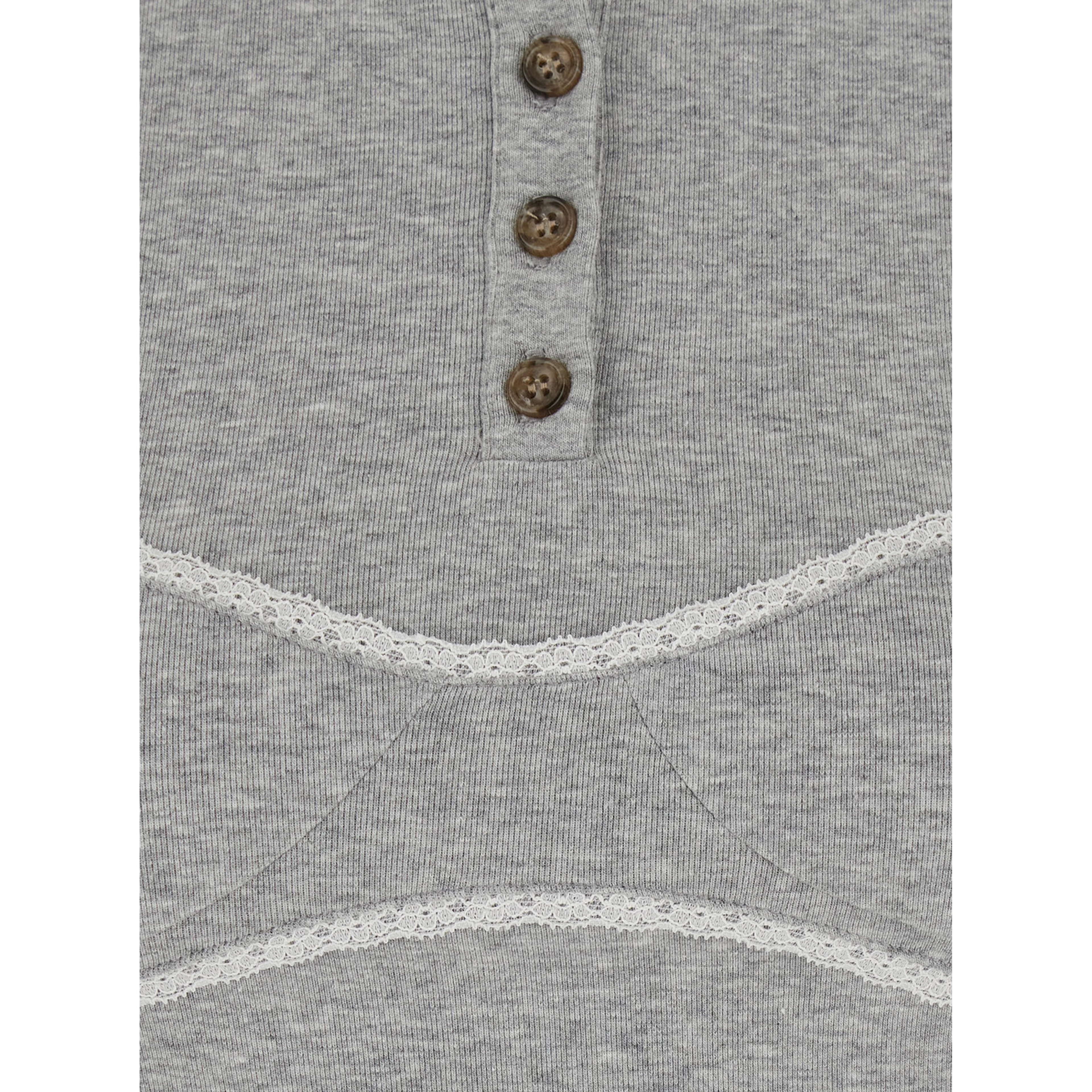 GREY LACE TRIM BRALETTE DETAIL LONG SLEEVE HENLEY TSHIRT with lace details, cotton and spandex, gray, women