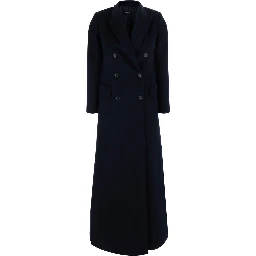 Blue Long double-breasted coat with Peak revers in fabric for women