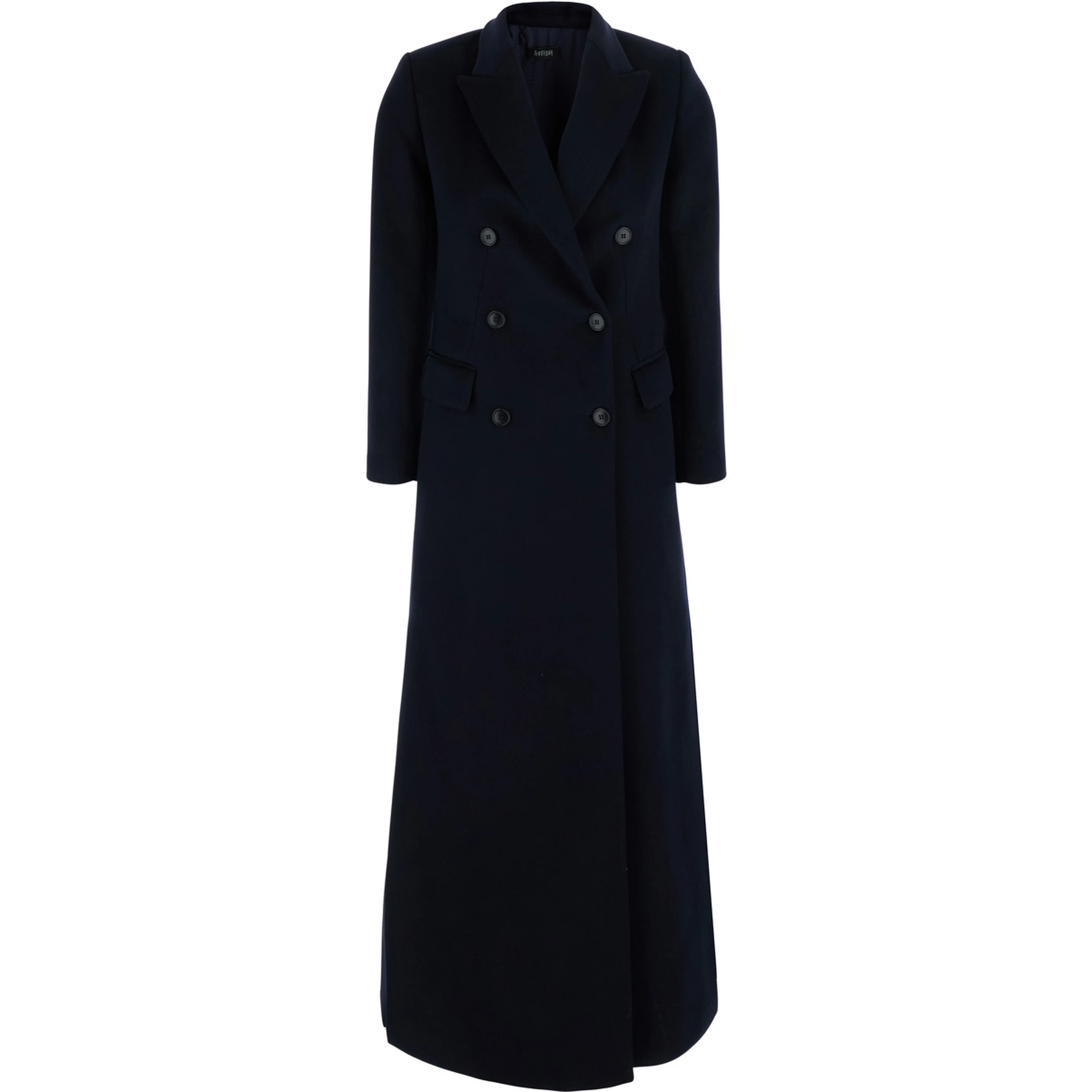 Blue Long double-breasted coat with Peak revers in fabric for women