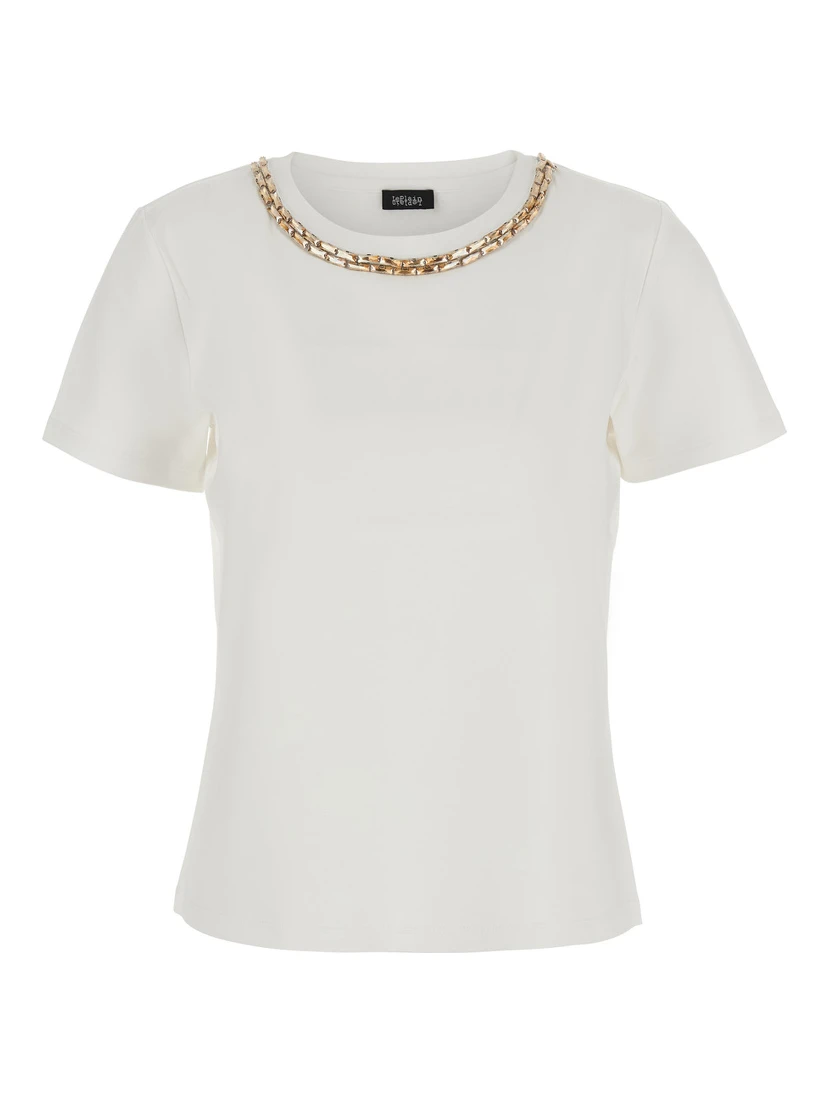 T-shirt with embroidered details and short sleeves in white cotton and spandex unisex