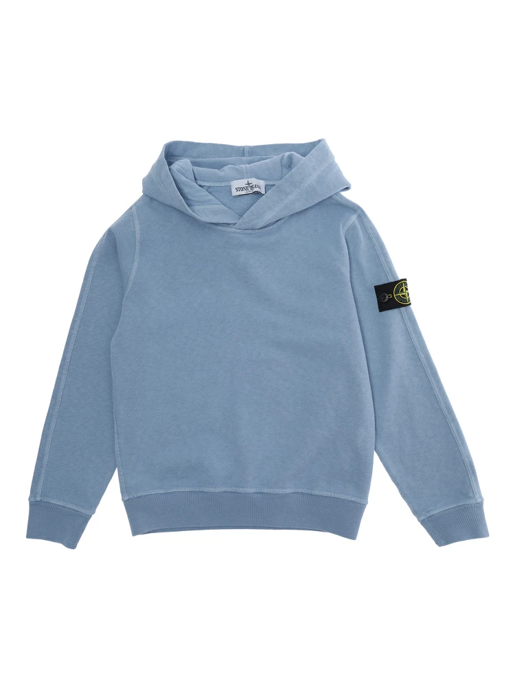Crewneck Sweatshirt "Stone Island" with Logo Patch on Sleeve in Blue Cotton for Kids