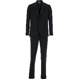 Single-breasted suit with peak revers in black fabric and long sleeve jacket for men