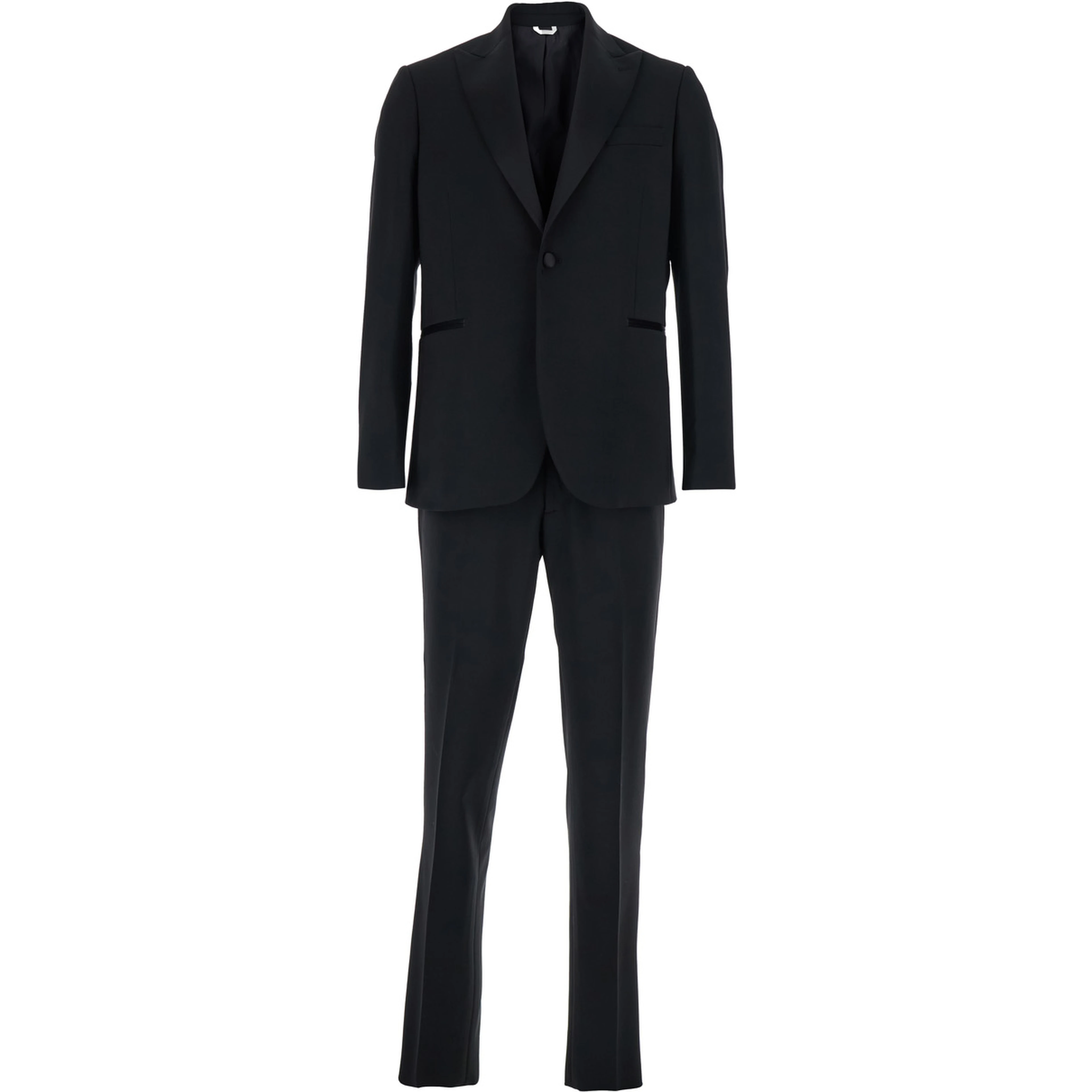 Single-breasted suit with peak revers in black fabric and long sleeve jacket for men
