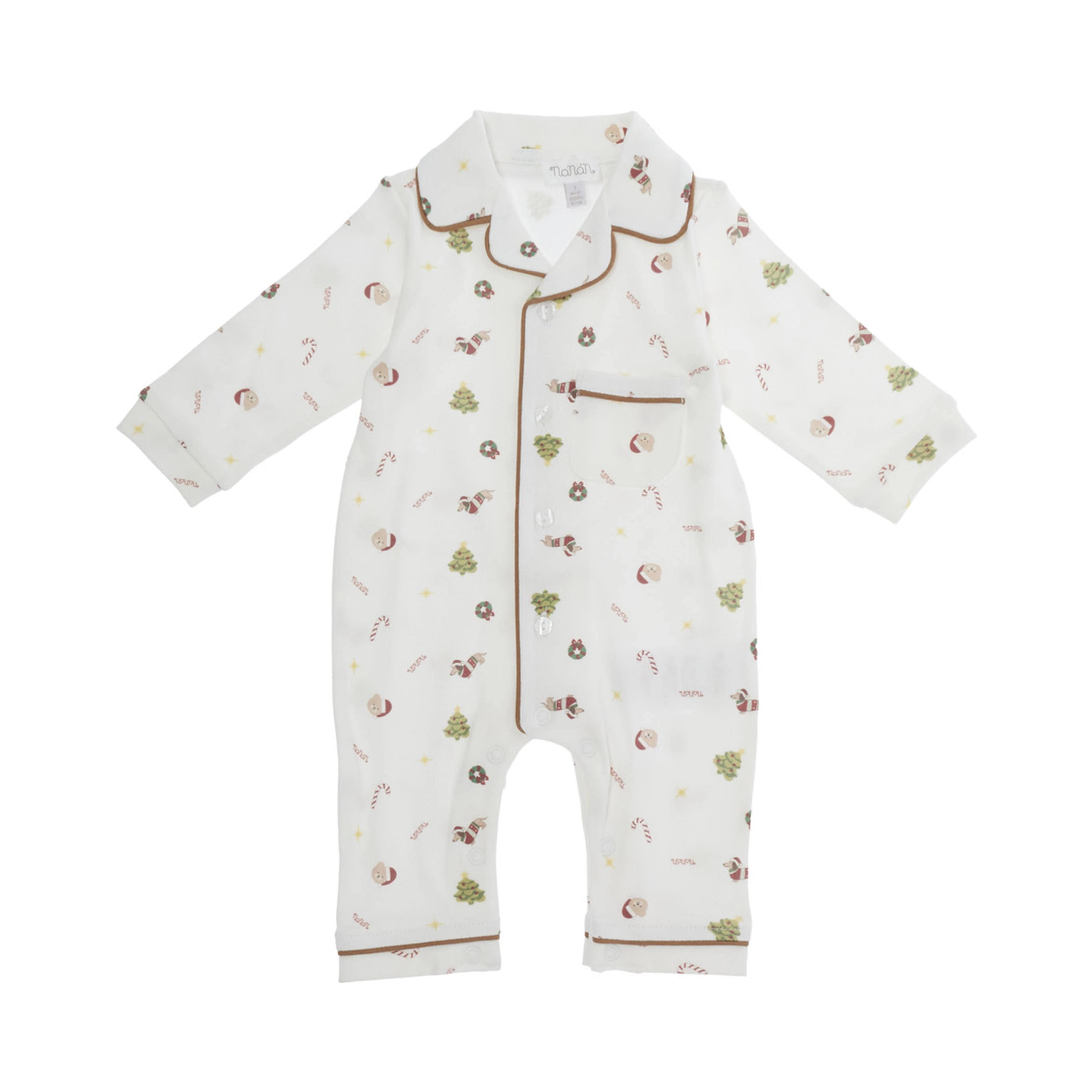 white romper with notch lapel collar and all-over print in cotton baby