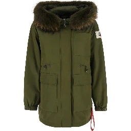 Stoccolma Green Jacket with removable hood and logo patch on the sleeve in Tech Fabric women