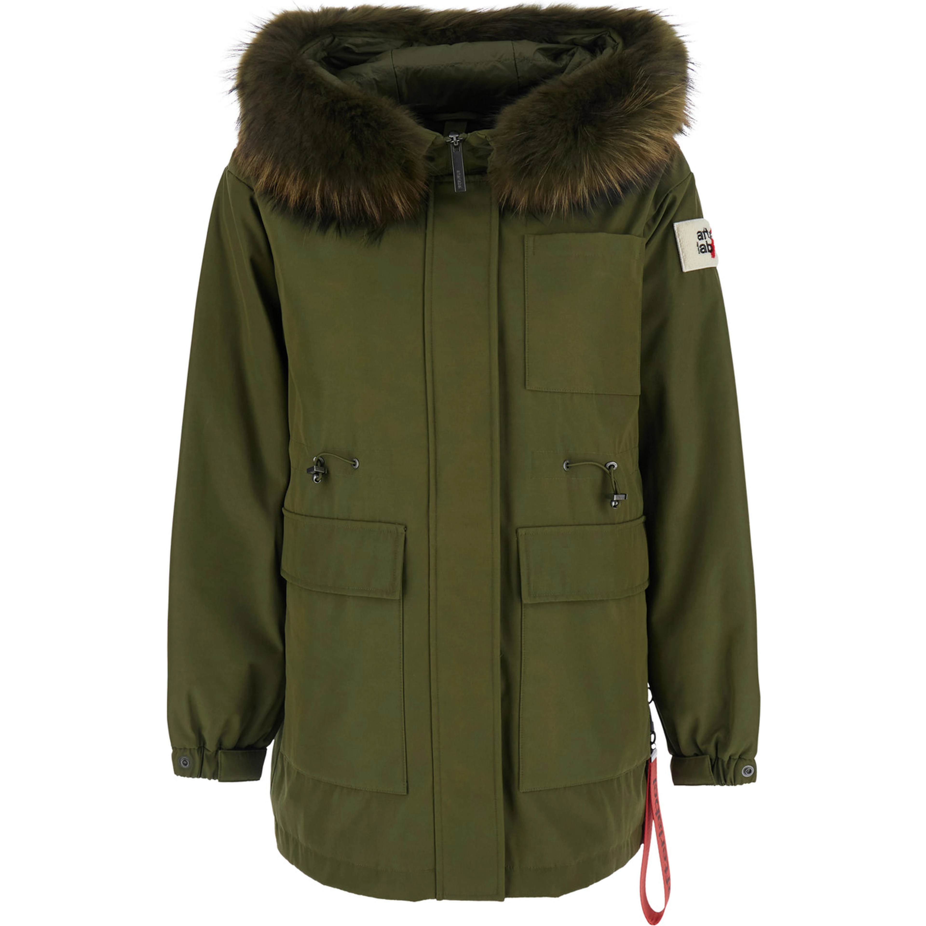 Stoccolma Green Jacket with removable hood and logo patch on the sleeve in Tech Fabric women