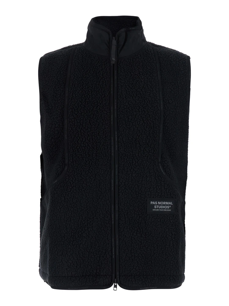 Black High-Neck Vest with Front Logo Patch in Tech Fabric for Men