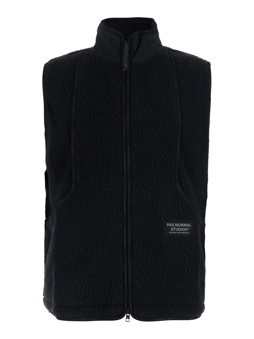 Black High-Neck Vest with Front Logo Patch in Tech Fabric for Men