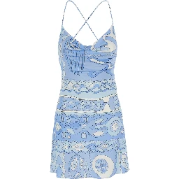 Light Blue Sleeveless Dress with Crossed Spaghetti Straps and All-Over Geometric Print in Stretch Viscose for Women