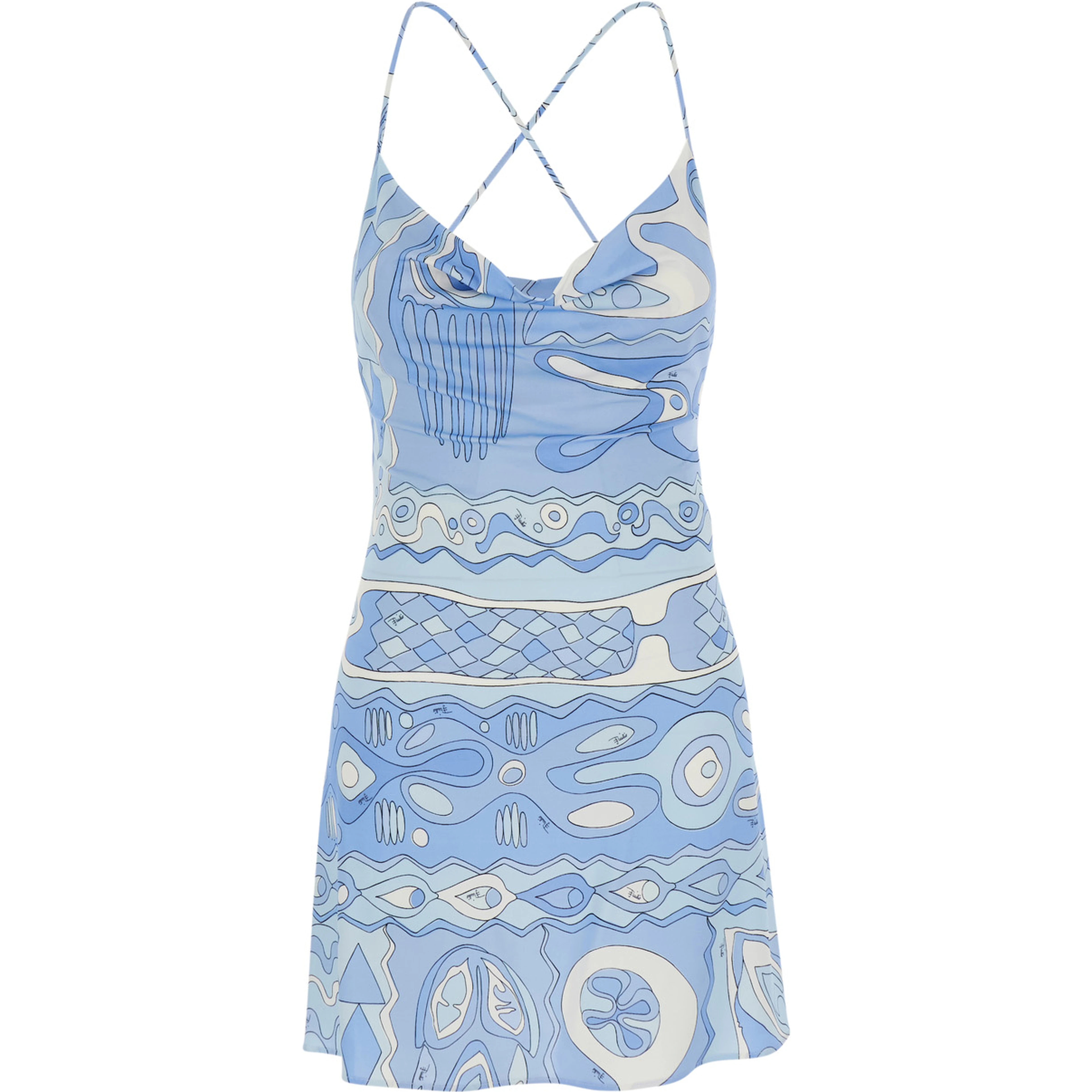 Light Blue Sleeveless Dress with Crossed Spaghetti Straps and All-Over Geometric Print in Stretch Viscose for Women