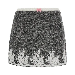 Gray mini skirt with lace trim and polyester and wool fabric, women