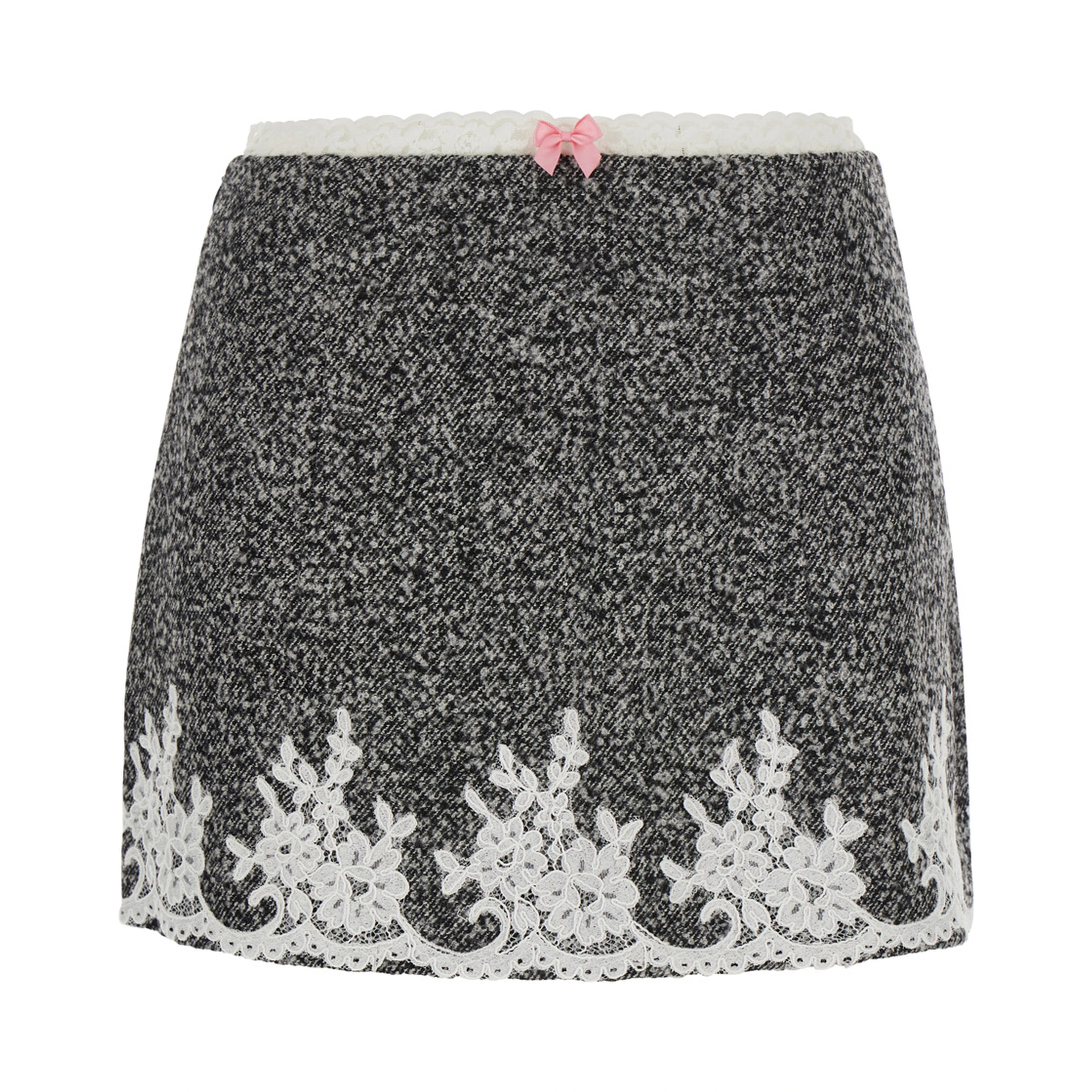 Gray mini skirt with lace trim and polyester and wool fabric, women