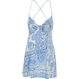 Light Blue Sleeveless Dress with Crossed Spaghetti Straps and All-Over Geometric Print in Stretch Viscose for Women