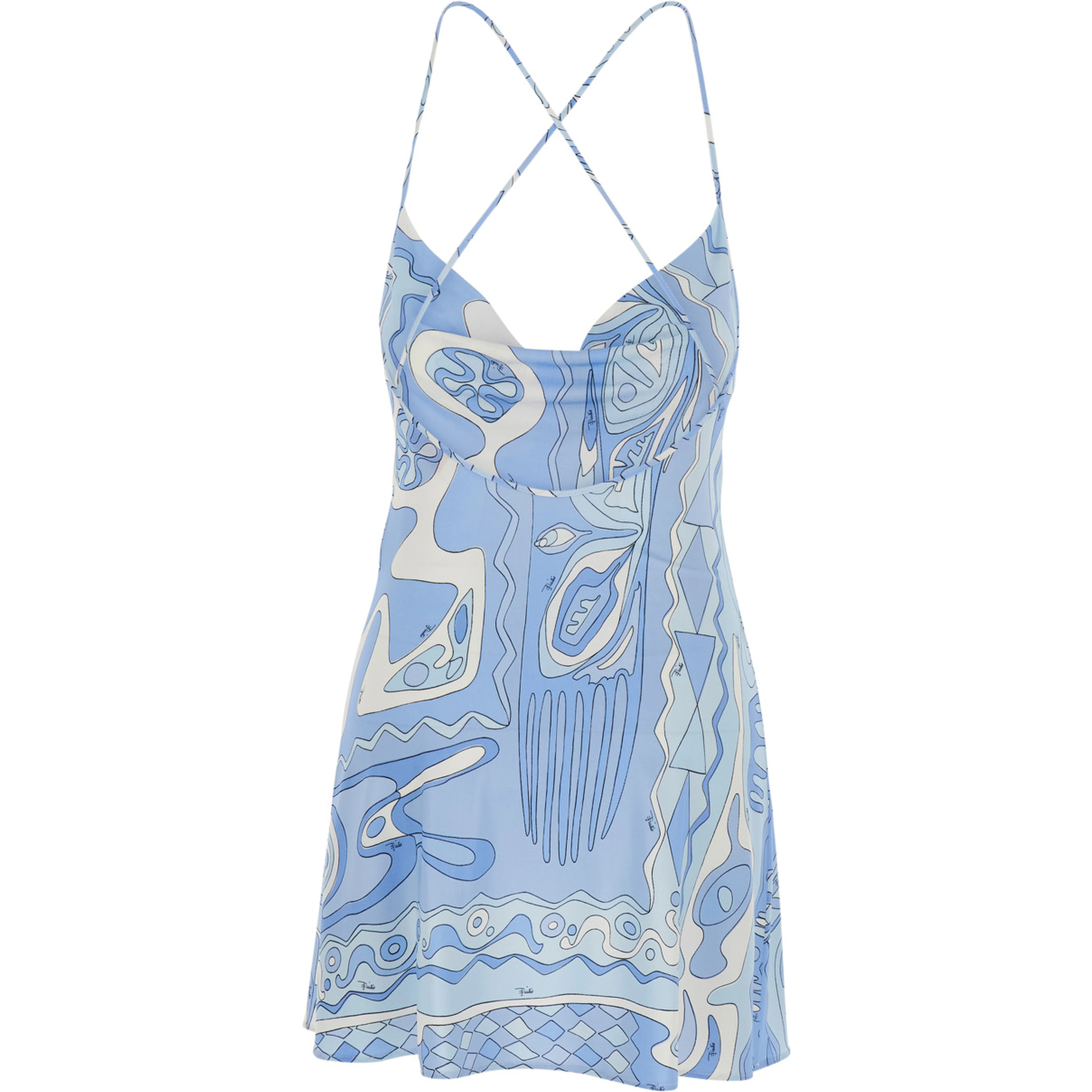 Light Blue Sleeveless Dress with Crossed Spaghetti Straps and All-Over Geometric Print in Stretch Viscose for Women