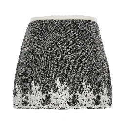 Gray mini skirt with lace trim and polyester and wool fabric, women