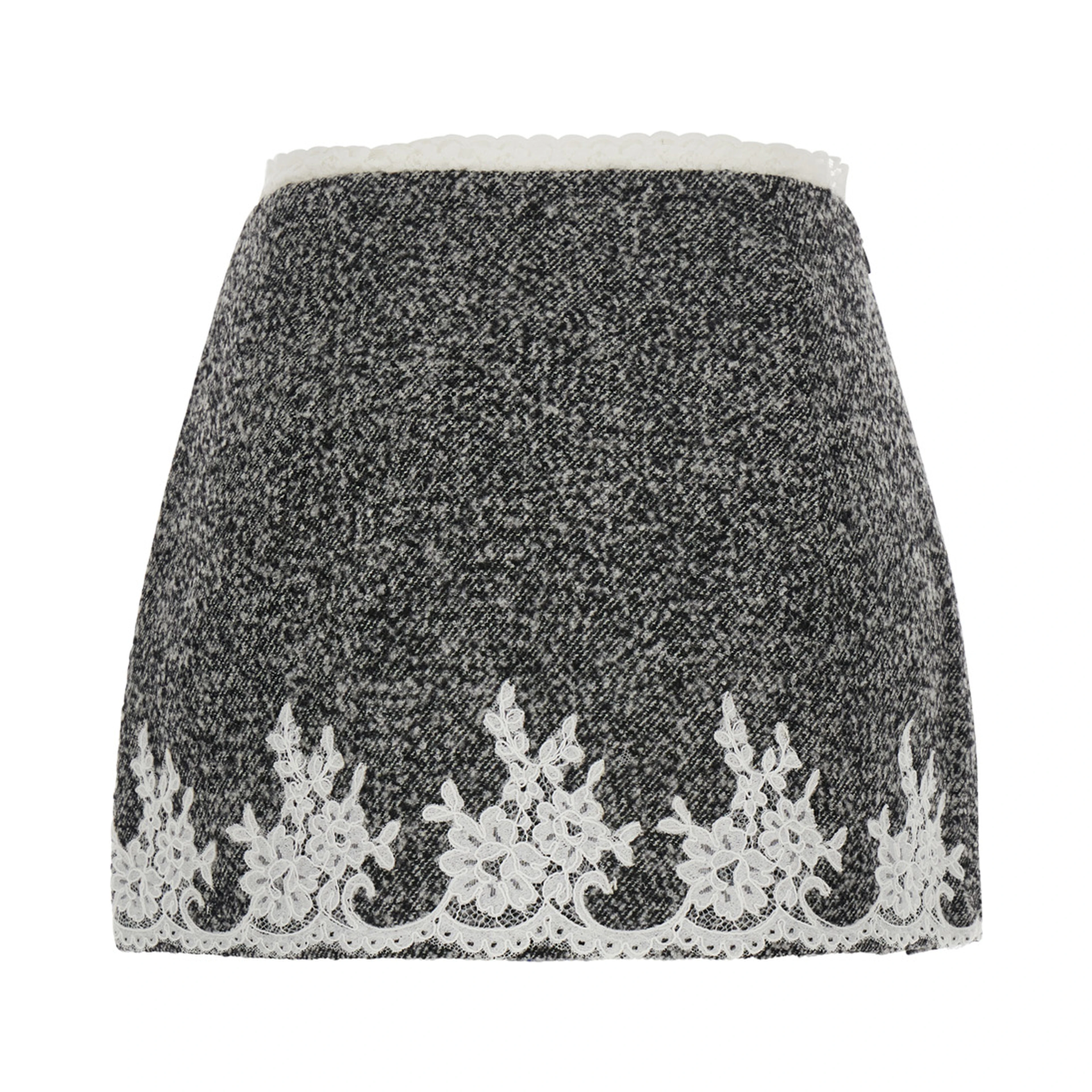 Gray mini skirt with lace trim and polyester and wool fabric, women