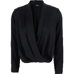 Georgette blouse with long sleeves and V-neck, in black, for woman