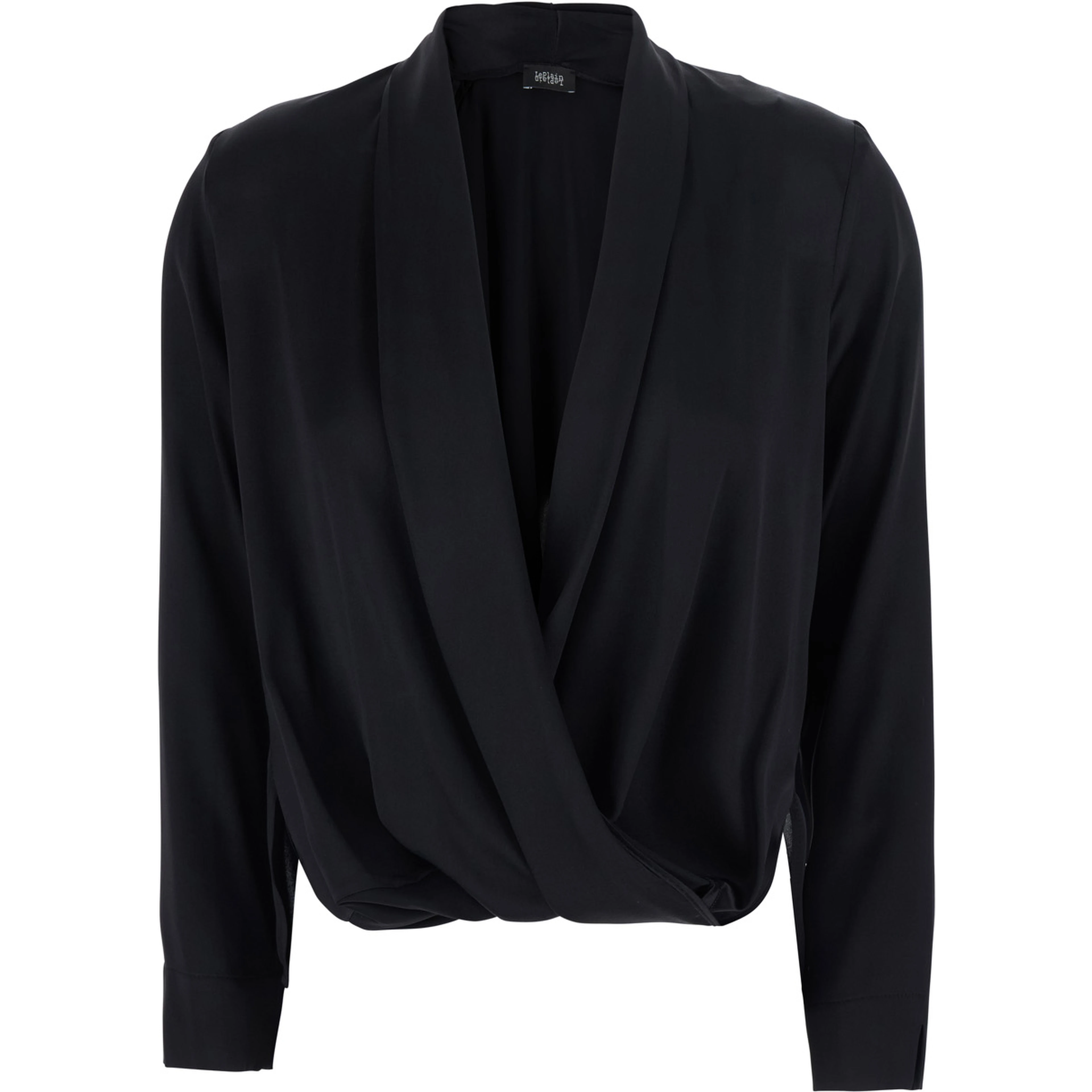 Georgette blouse with long sleeves and V-neck, in black, for woman