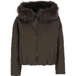 brown jacket with Hooded fur and reversible design in fabric for women