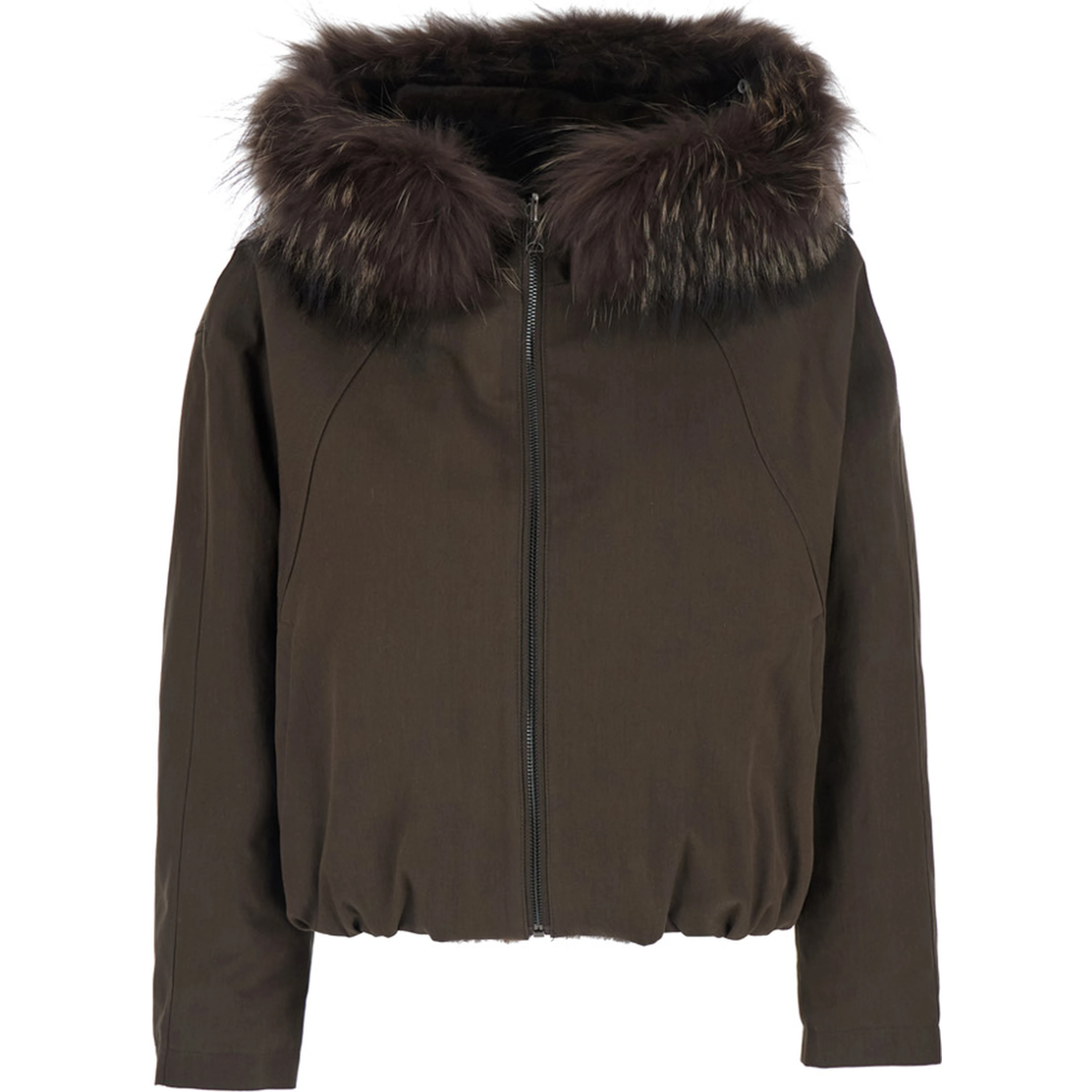 brown jacket with Hooded fur and reversible design in fabric for women