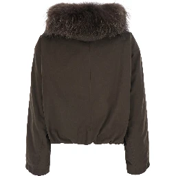 brown jacket with Hooded fur and reversible design in fabric for women