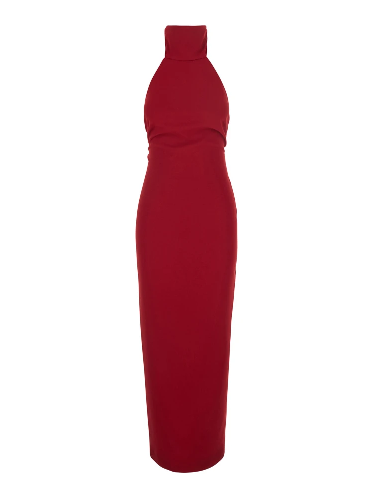 Red Long Sleeveless Dress with Open Back and Zip Closure at the Back in Fabric for Women