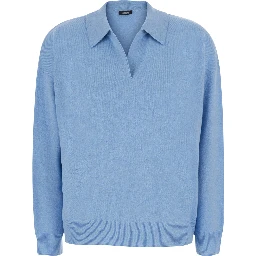 Polo Shirt neck knit with long sleeves in blue cashmere for women