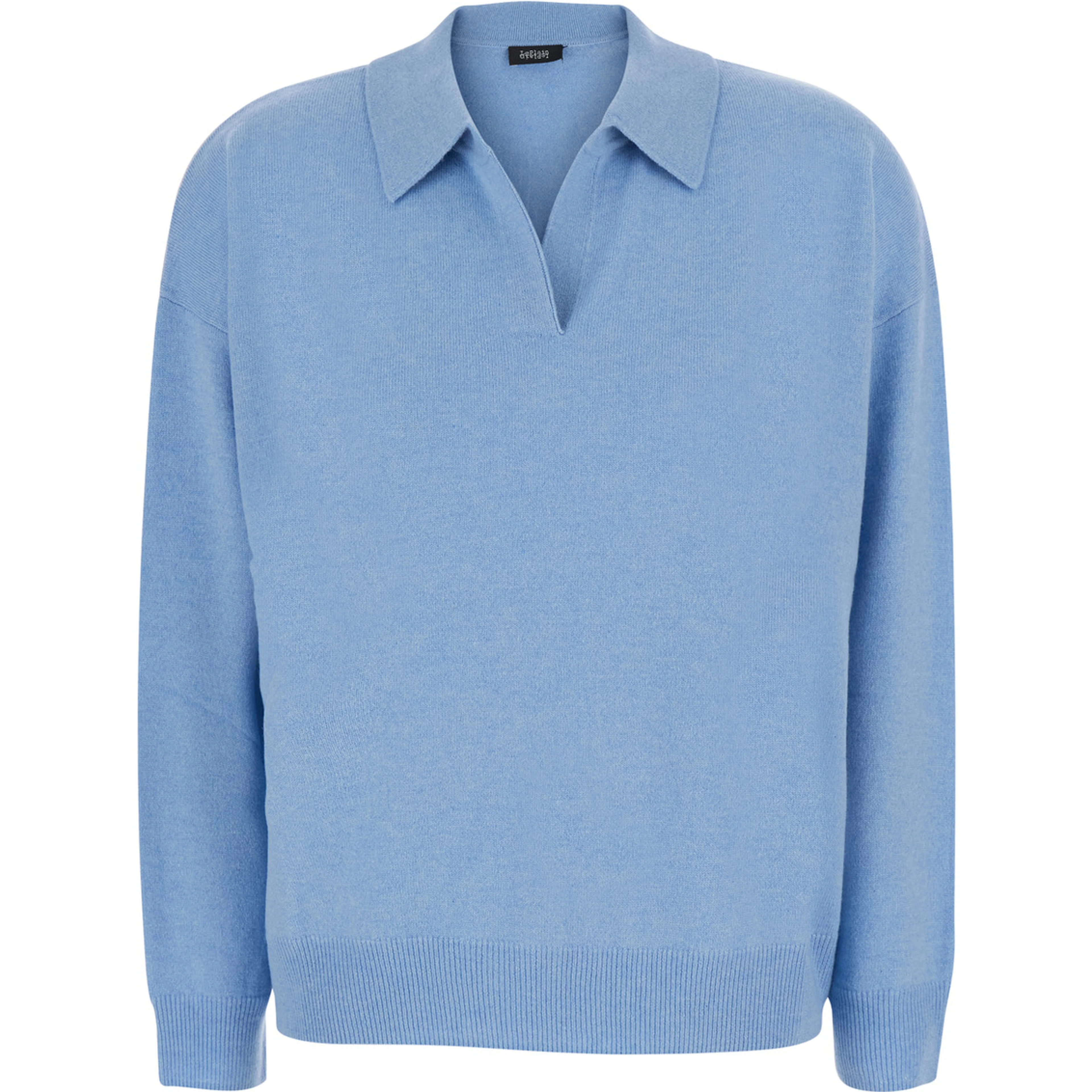 Polo Shirt neck knit with long sleeves in blue cashmere for women