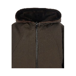 brown jacket with Hooded fur and reversible design in fabric for women